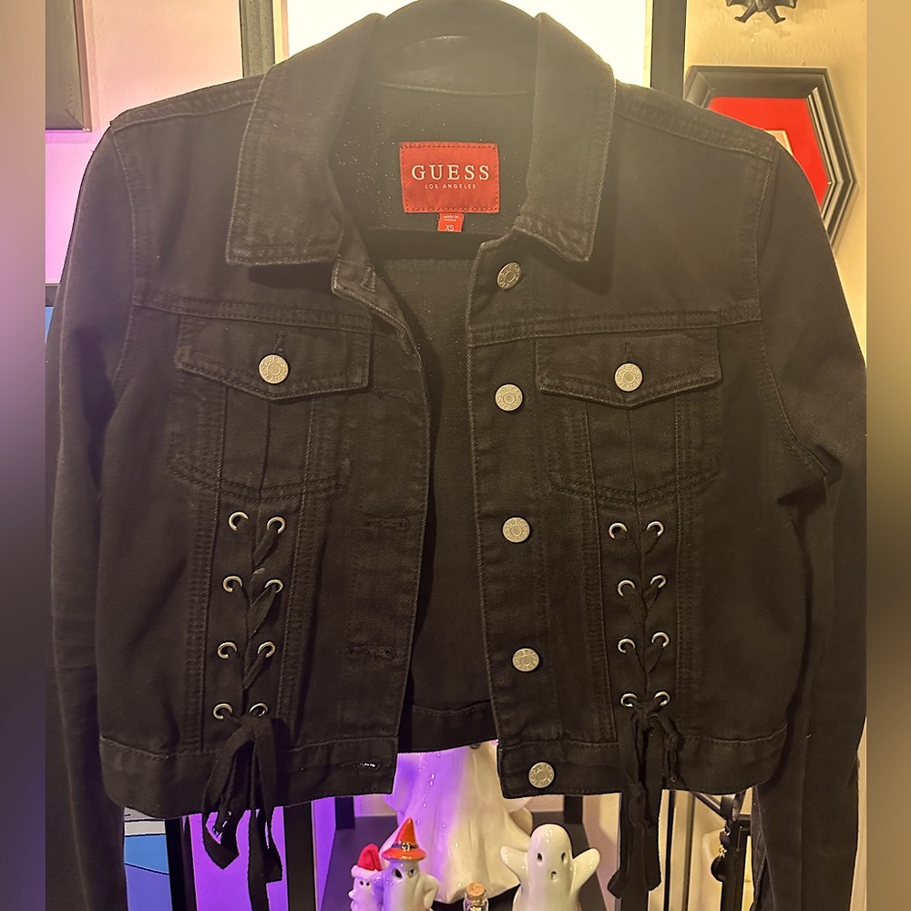 Guess Cropped Black Denim Jacket Lace up